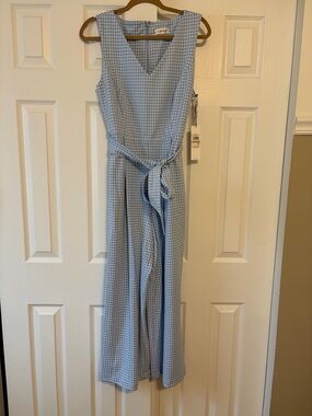 Calvin Klein Light Blue and White Gingham Sleeveless Jumpsuit with Tie Waist 12